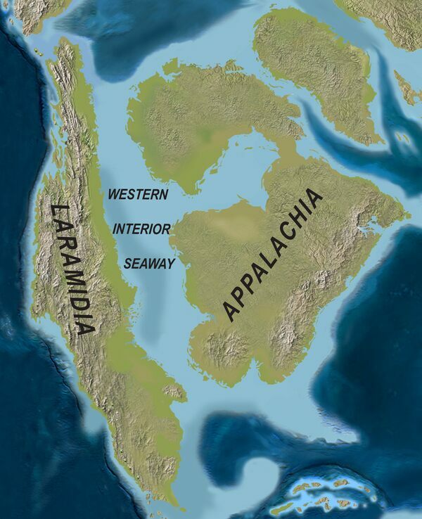 A map showing what the Western Interior Seaway would have looked like during the Late Cretaceous.